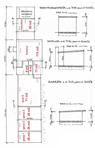 Floor plan of the building with a substation, boiler room, and garages, located in warehouses and halls.