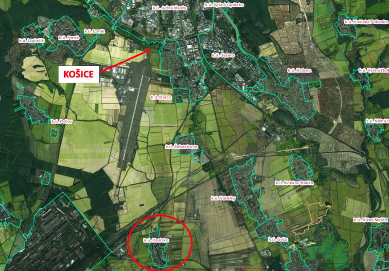 Map of agricultural and forest lands around Haniska and Košice.