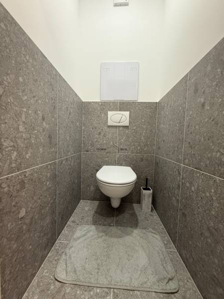 A toilet with stone cladding in a studio apartment, a soft mat in front of the toilet.