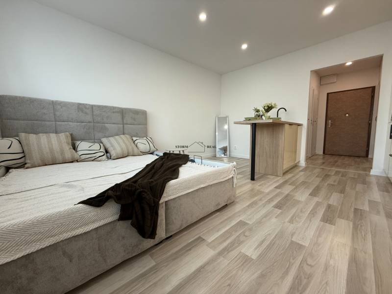 A bright living room with a bed, wooden floor, and a kitchenette in a studio apartment.