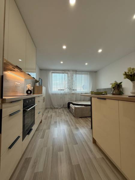 Kitchen area in a studio apartment with wooden flooring and a dining nook.