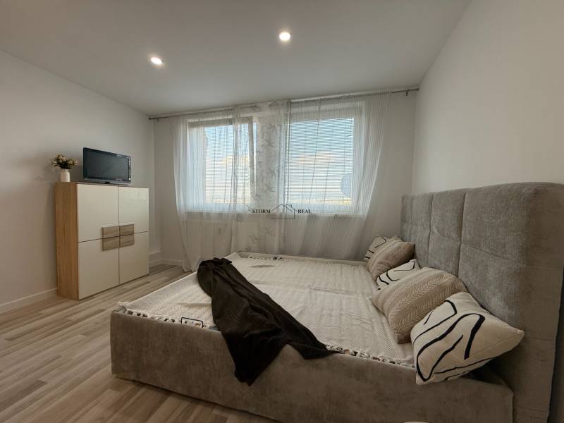 A bedroom in a studio apartment with a bed, a cabinet, and a television on a light floor.