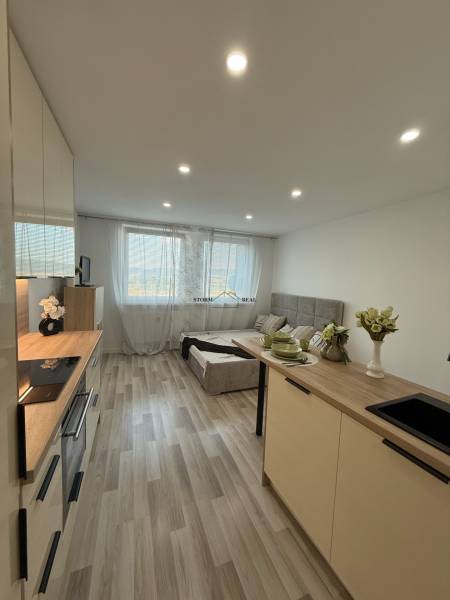 A tasteful kitchen with a living room in a studio apartment, laminate flooring, modern furniture.