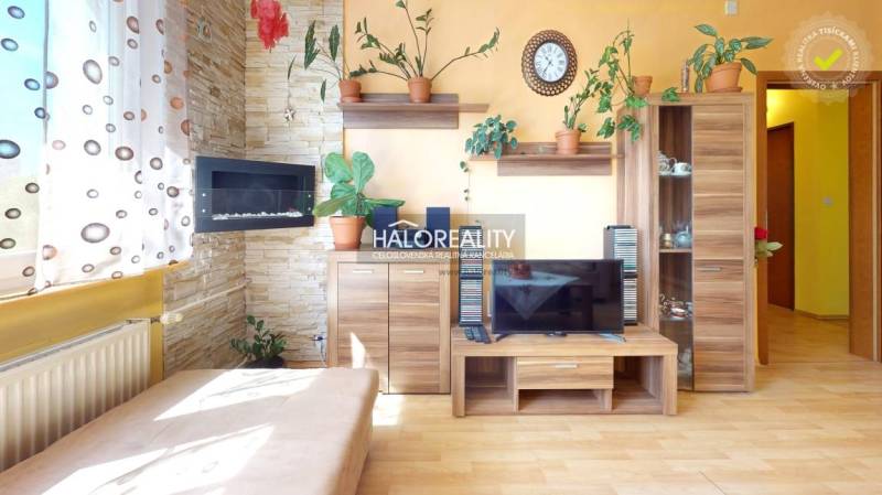 Living room with wooden furniture and decorations, suitable for a three-room apartment.