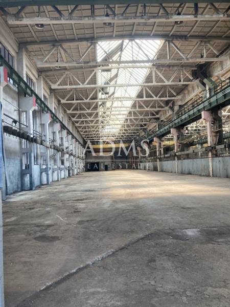 A vast interior of warehouses and halls with a roof made of steel beams and glass panels.