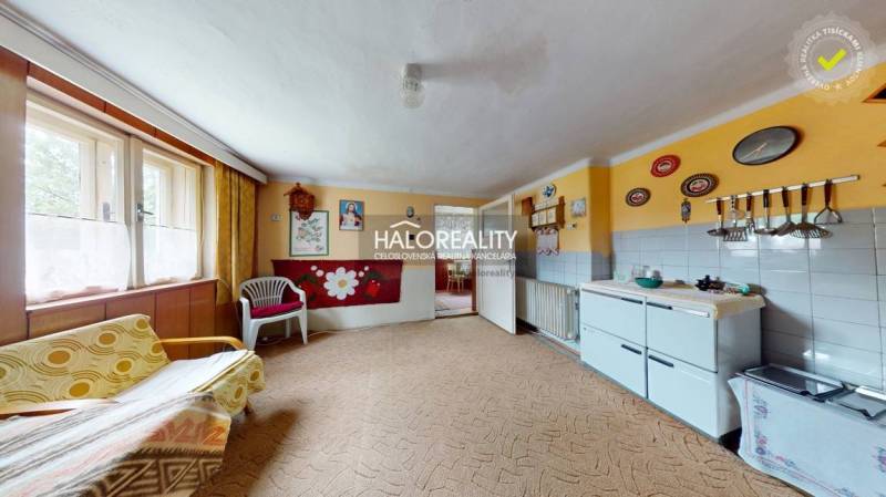 The family house offers a spacious room with a sofa, a kitchen unit, and a view of the garden.