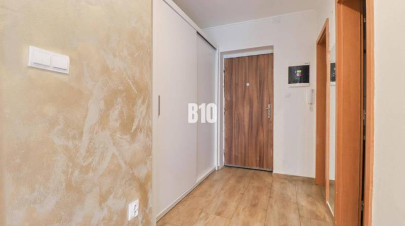 Entrance hallway in a 3-room apartment with a built-in wardrobe and wooden doors.