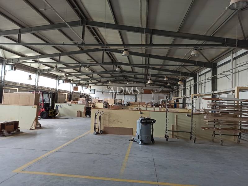 Spacious interior of warehouses and halls with shelves, equipment, and a material cart.
