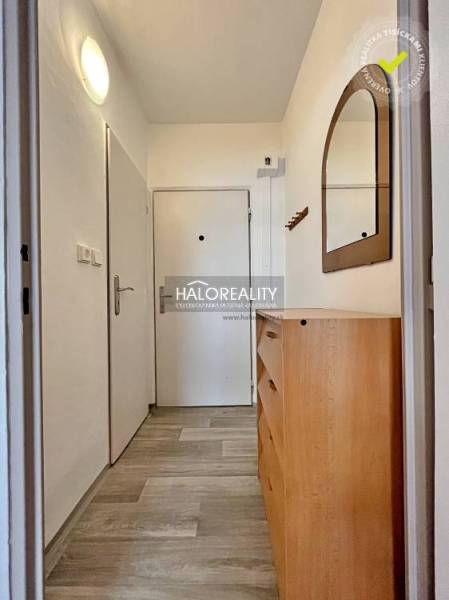 Hallway in a studio apartment with a dresser, mirror, and white walls.