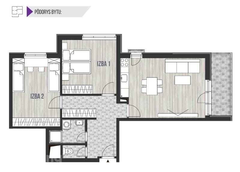 Floor plan of a 3-room apartment with a living room, kitchen, and two bedrooms.