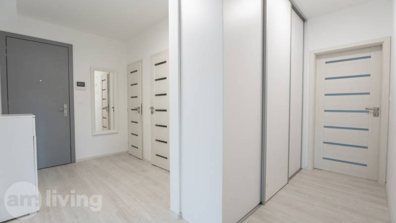 A hallway in a 3-room apartment with doors, a mirror, and a built-in wardrobe.