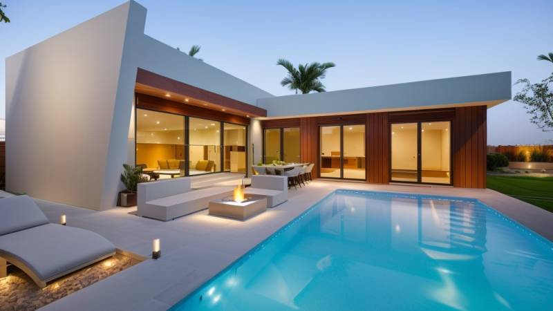 Villa in Calasparra, with a reflective pool, terrace, and garden evening lighting.