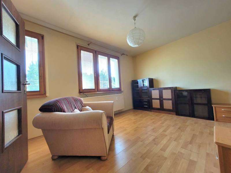 Living room with a sofa and furniture in a studio apartment, wooden floor.