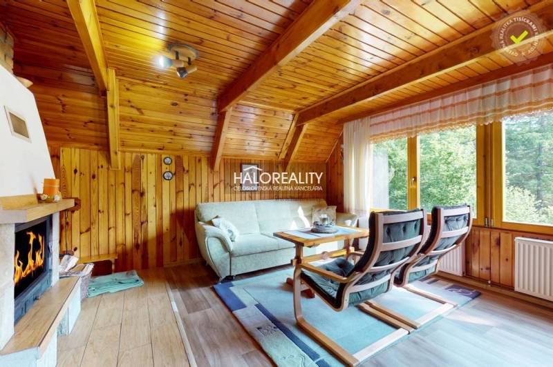 A cabin with a wooden interior features a fireplace, a sofa set, and a large window with a view.