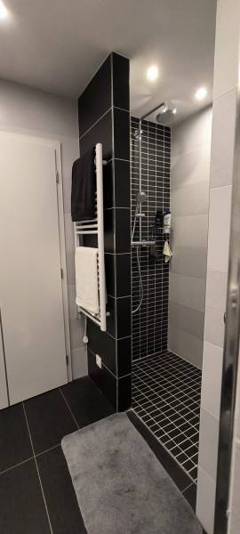 Bathroom interior in a family house, shower corner and ladder radiator for towels.