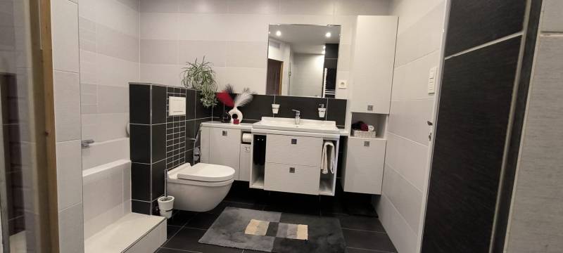 A bathroom in a family house with a sink, bathtub, and mirror, in shades of gray.