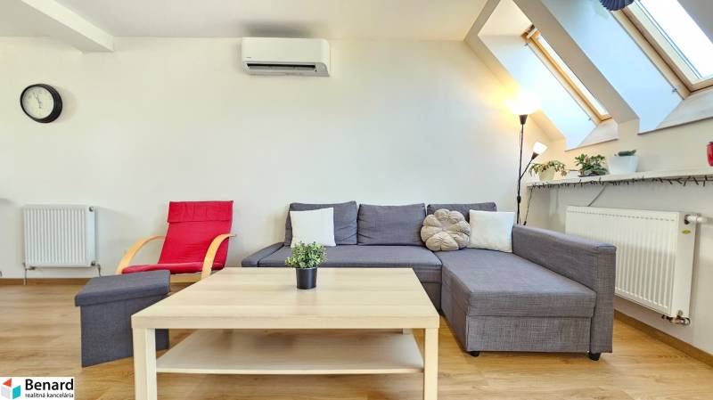 Living area of a 4-room apartment with a sofa, armchair, and skylights.