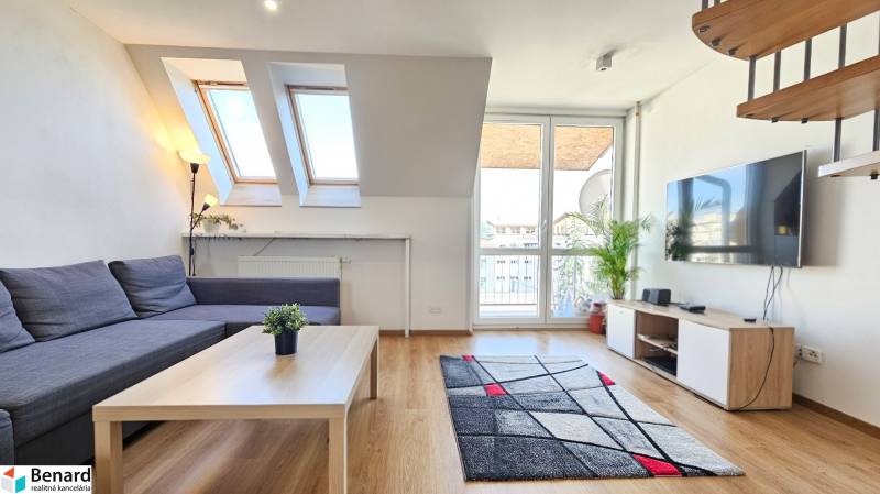 Bright living room with skylights and furniture in a 4-room apartment.