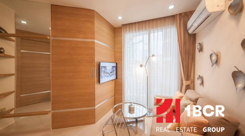 Living room in a two-room apartment, seating, curtains, TV, and wooden wall paneling.