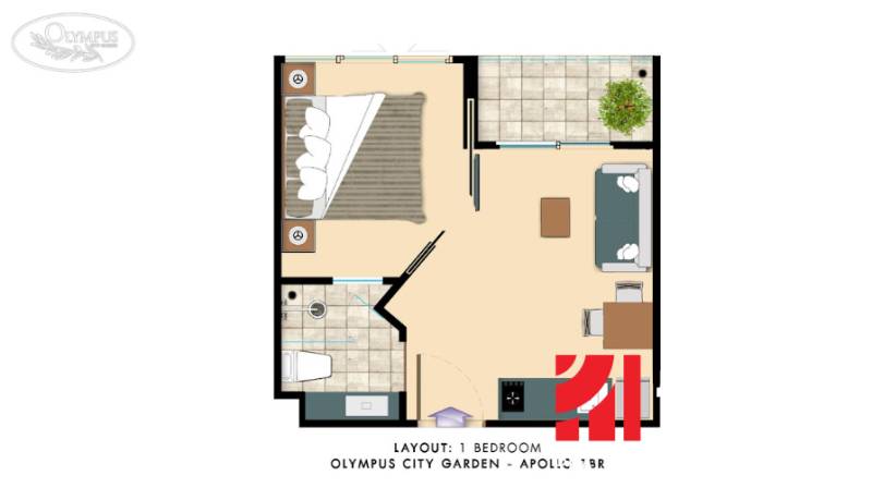 Floor plan of a 2-room apartment with a balcony, kitchen, bathroom, and bedroom.