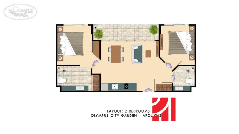 Floor plan of a 3-room apartment with two bedrooms, a kitchen, a living room, a terrace, and two bathrooms.
