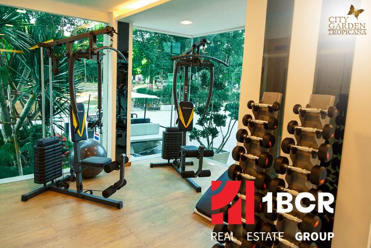 A gym under construction in an apartment building with views of the park through glass walls.