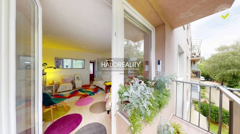 A balcony with a view of greenery, entrance to a bright 4-room apartment with a colorful interior.