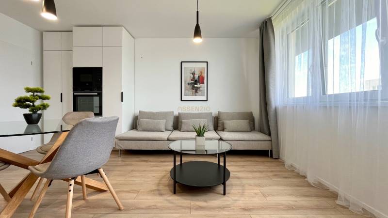 Living room in a two-room apartment with a sofa, dining table, and large window.