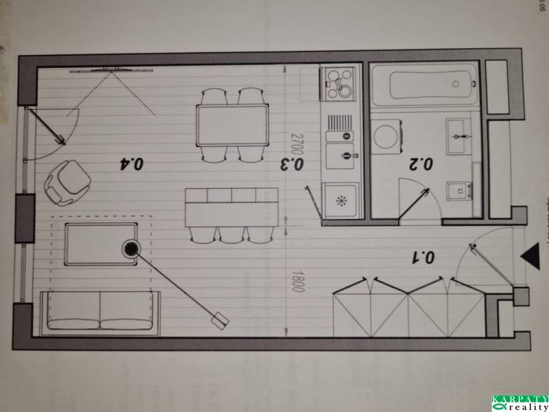Layout of a 1-bedroom apartment with furnishings: kitchen, bathroom, and living room with dining area.