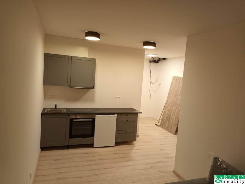 Kitchen corner in a studio apartment with flooring and light furniture.