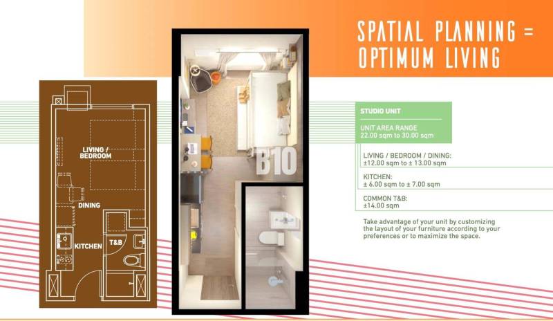 Floor plan of a 1-bedroom apartment with a kitchen, living room, and bathroom, optimized space.