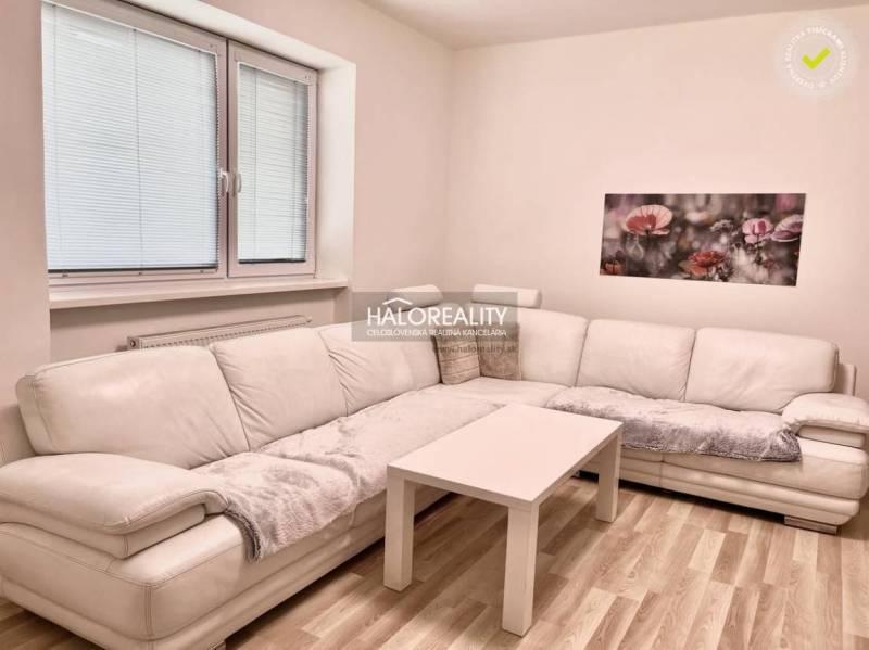 A bright living room in a three-room apartment with a white sofa and a painting of flowers on the wall.