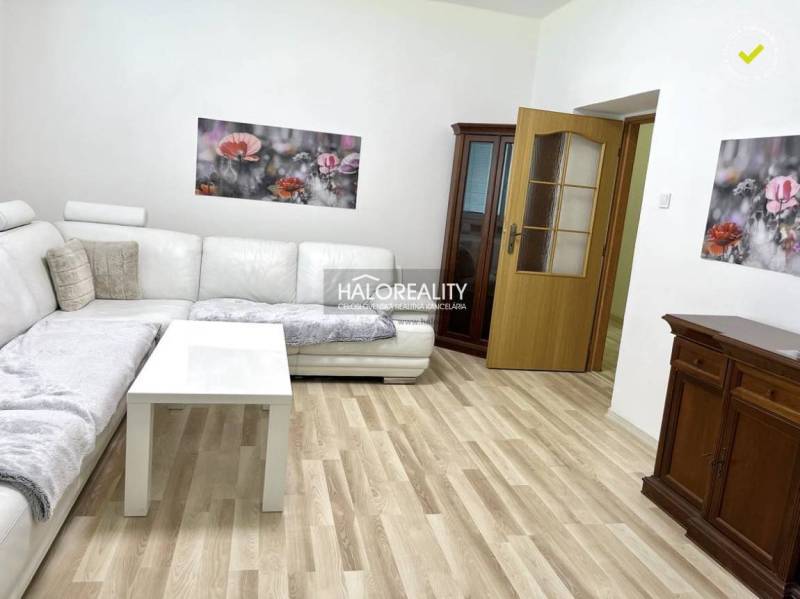 A bright living room in a 3-room apartment with a white sofa and wooden furniture.