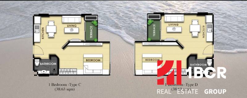 Floor plan of two apartments with one bedroom, kitchen, living room, terrace, and bathroom.