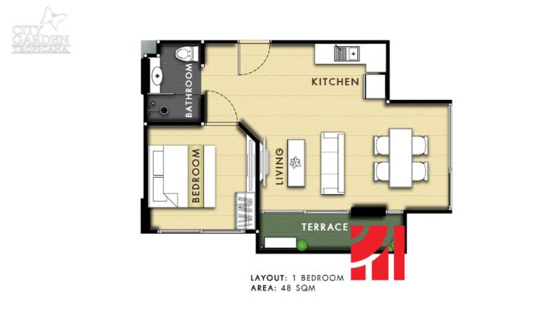 Floor plan of a 2-room apartment with a kitchen, living room, terrace, and bathroom.
