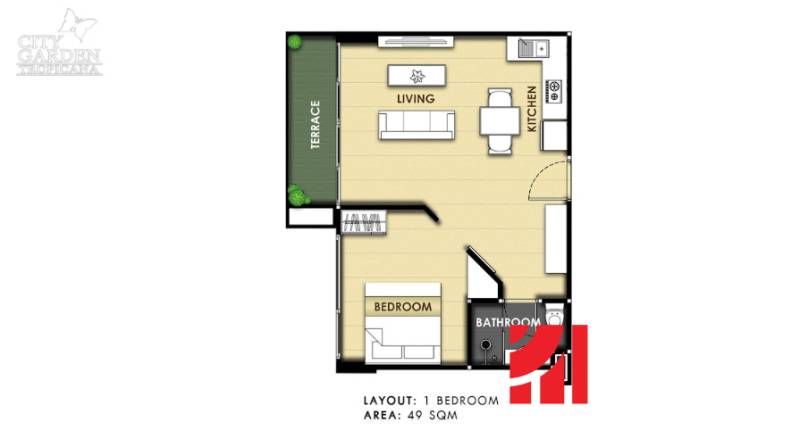 Floor plan of a 2-room apartment with a terrace, kitchen, living room, and bathroom. Area 49 m².