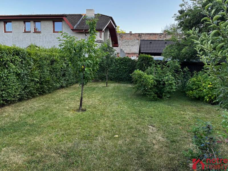The garden of a family house in Lučenec with a lawn, trees, and a dense hedge.