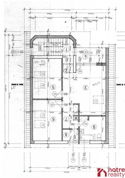 Floor plan of a family house in Lučenec with detailed room dimensions and layout of the living space.