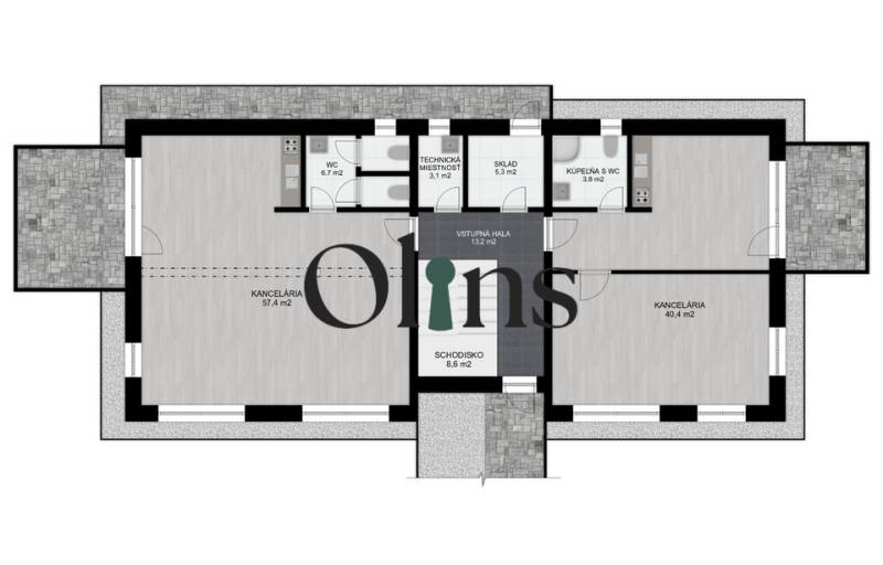 Floor plan of offices with entrance hall, staircase, and facilities.
