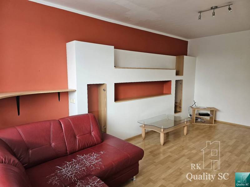 Living room with a red couch and a shelving system in a 2-room apartment.