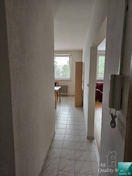 A hallway with tiles leading to the living area in a 2-room apartment.