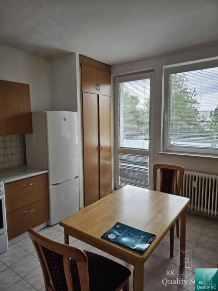 A kitchen with a dining table, refrigerator, and cabinets in a two-room apartment.