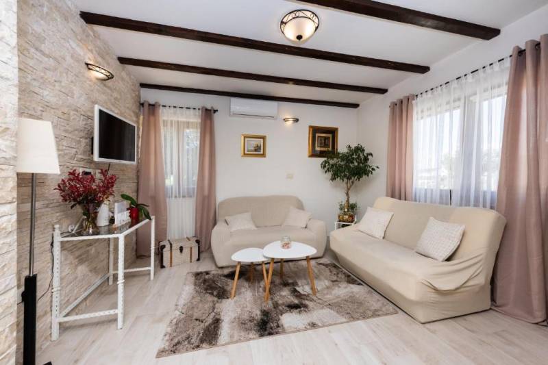 Living room of a family house, comfortable sofas, TV, greenery, decorations, wooden beams.