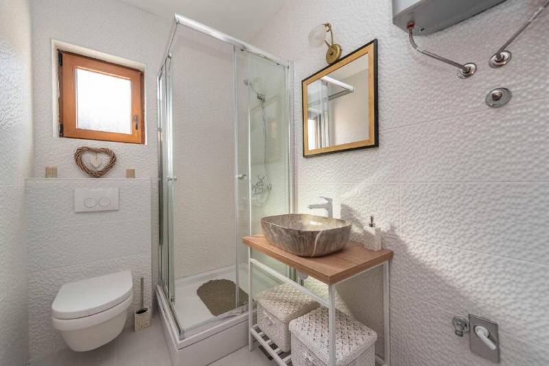 A bathroom in a family house with a shower, a countertop sink, and a toilet.
