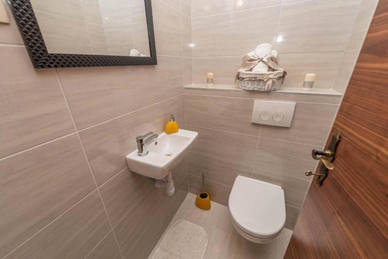A bathroom in a family house with a mirror, sink, and toilet in neutral tones.