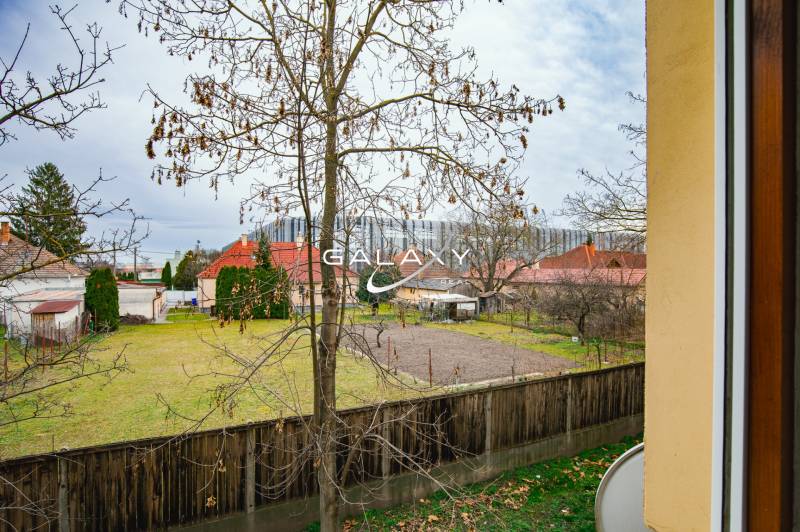 View from the window of gardens, houses, and fencing on Boriny Street in Dunajská Streda.