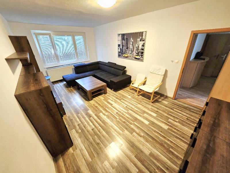 Living room in a 3-room apartment with a sofa, an armchair, and a picture on the wall.