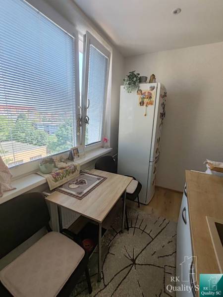 Kitchen in a 3-room apartment with a dining table and a refrigerator, view of urban greenery.