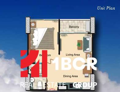 Floor plan of a 2-room apartment with a balcony, living room, and bedroom.