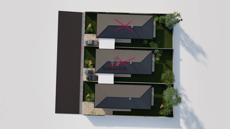A top view of three single-story family houses with garages and gardens in Veselé.